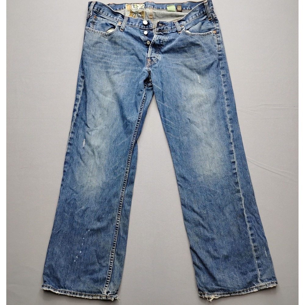 Hollister Mens Low Rise Boot Cut Blue Jeans 36x32 Cotton Denim Button Fly